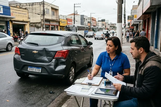 Despachante auxiliando cliente em caso de sinistro de veículo.
