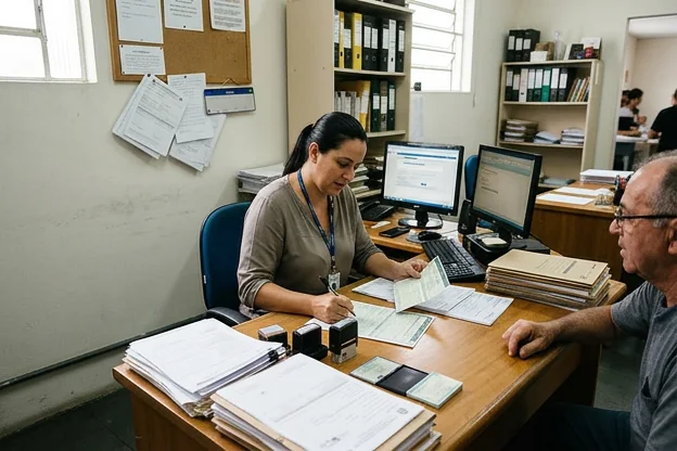 Documentos automotivos organizados em uma mesa de trabalho de despachante.
